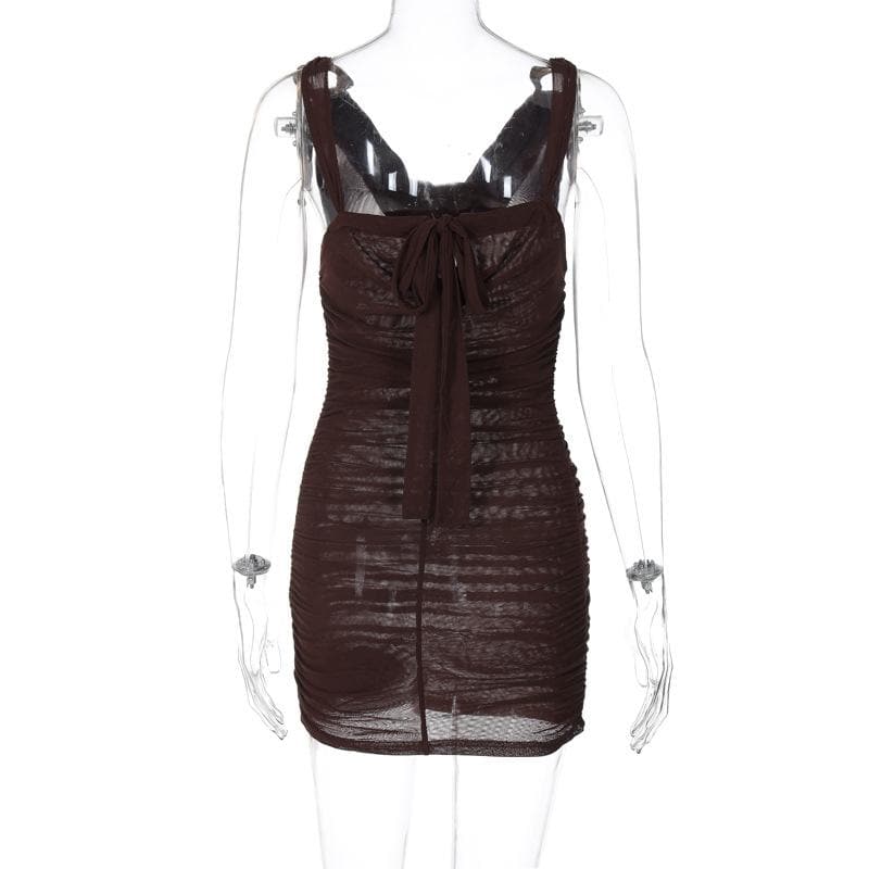 Cowl neck ruched o ring sheer mesh bowknot ribbon mini dress - View 4