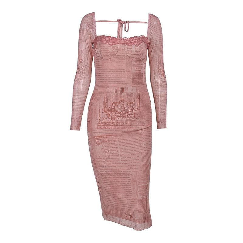 Mesh contrast print lace hem self tie long sleeve midi dress - View 2