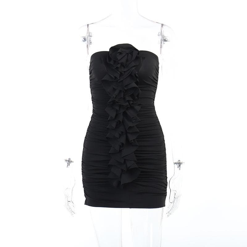 Strapless Ruched Floral Applique Ruffle Bodycon Mini Dress - View 4