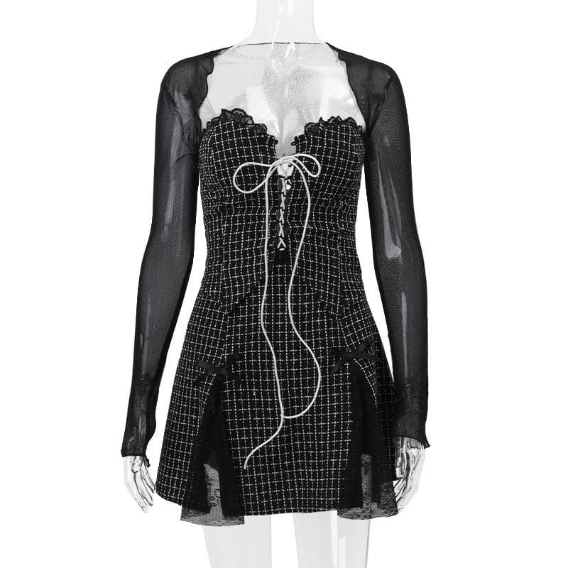 Long sleeve mesh plaid bowknot lace up shrug 2 piece mini dress - View 2