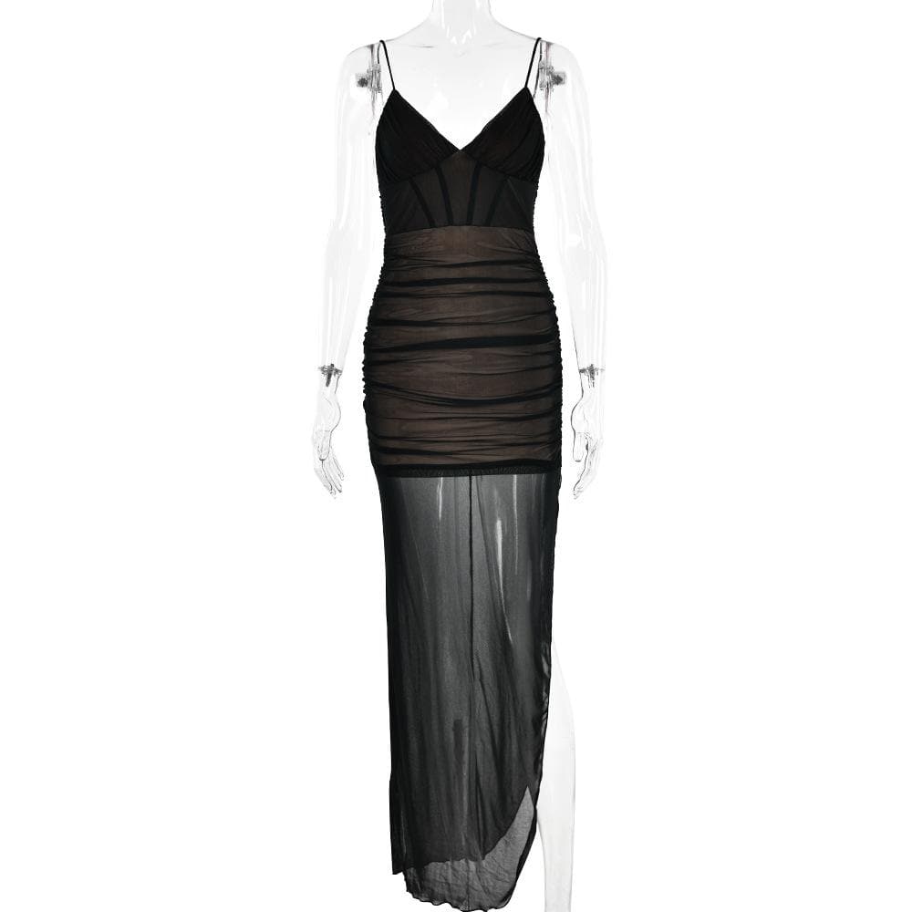 Mesh v neck ruched slit zip-up spaghetti strap maxi dress - View 5