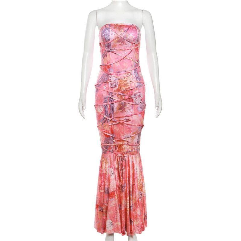 Lace up flower print contrast backless tube maxi dress - View 2