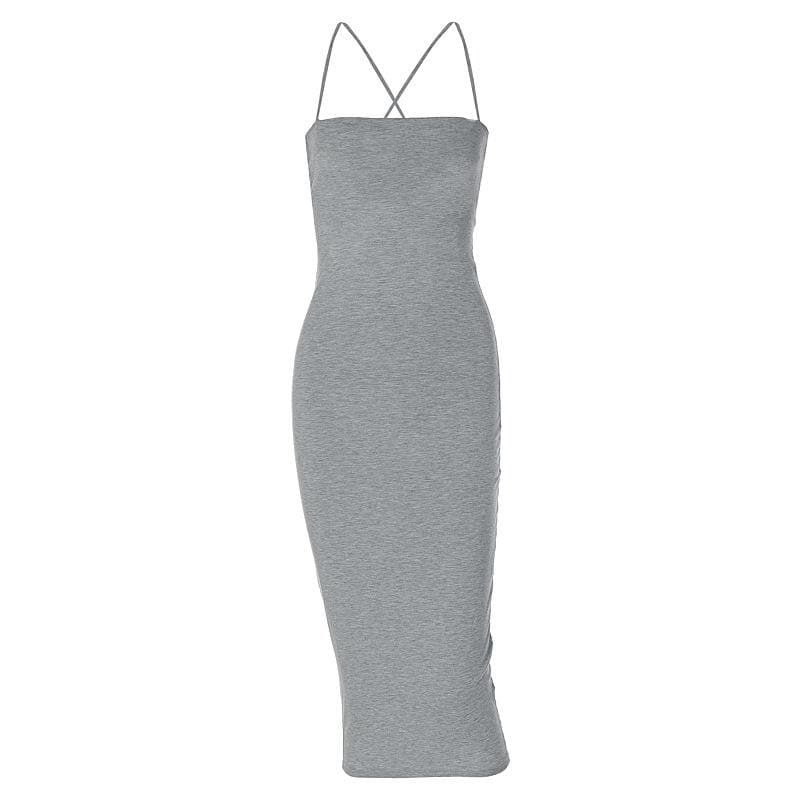 Cross back lace up self tie backless solid square neck midi dress - View 9