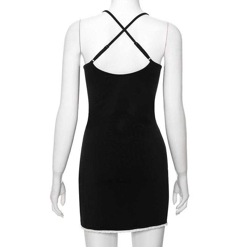 Bowknot ribbon lace hem u neck cross back backless cami mini dress - View 4