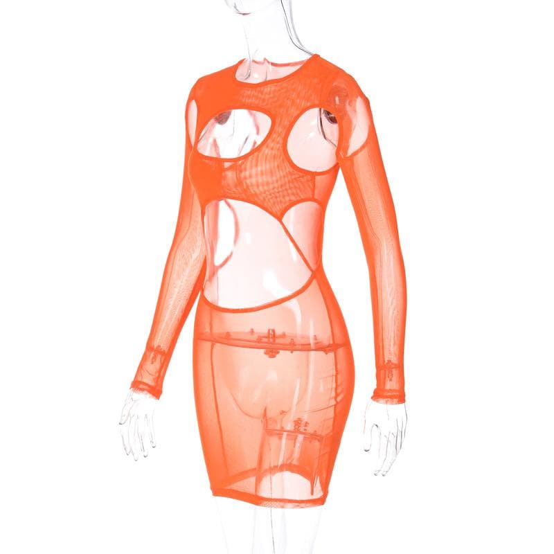 Long sleeve hollow out sheer mesh see through mini dress - View 5