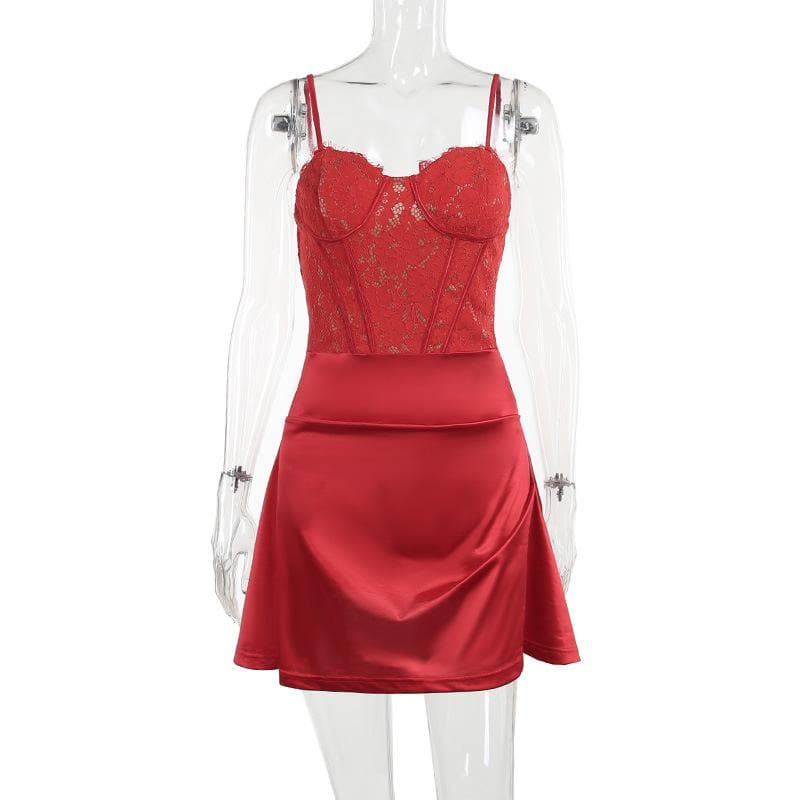 Lace Satin Sweetheart Corset Ruched Mini Dress - View 2