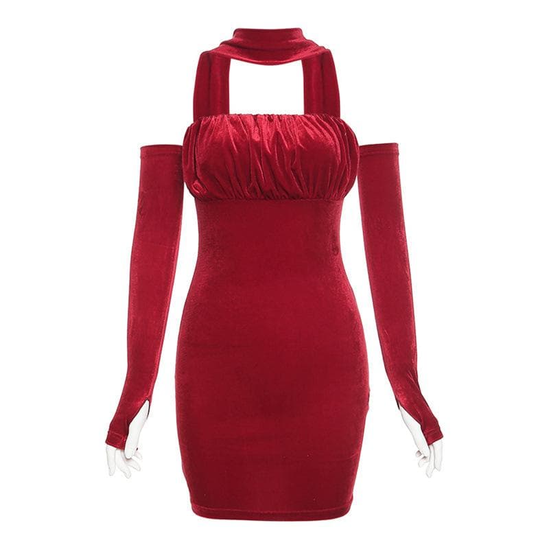 Velvet Halter Neck Glove Sleeve Ruched Bodycon Mini Dress - View 2