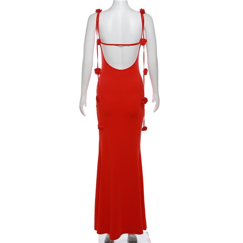Flower applique backless solid v neck ribbon cami maxi dress - View 4