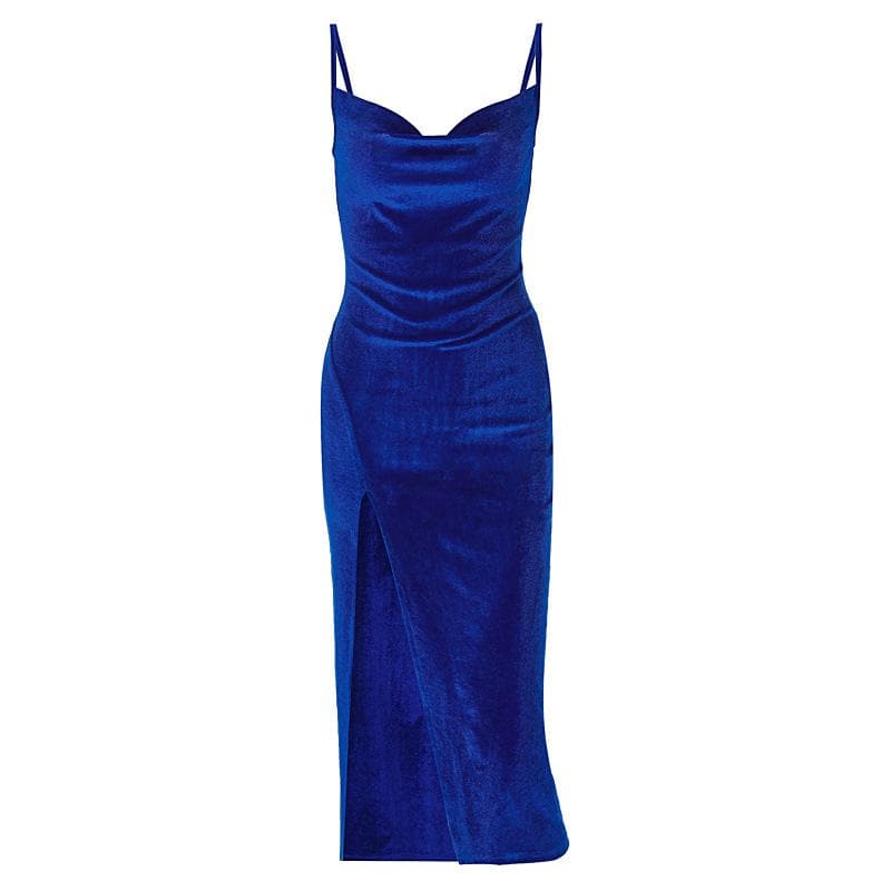 Sleeveless velvet slit cowl neck backless cami midi dress - View 3