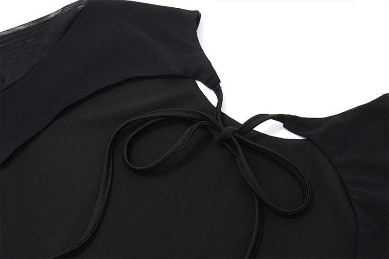 Long flared sleeve crewneck self tie mesh backless mini dress - View 8