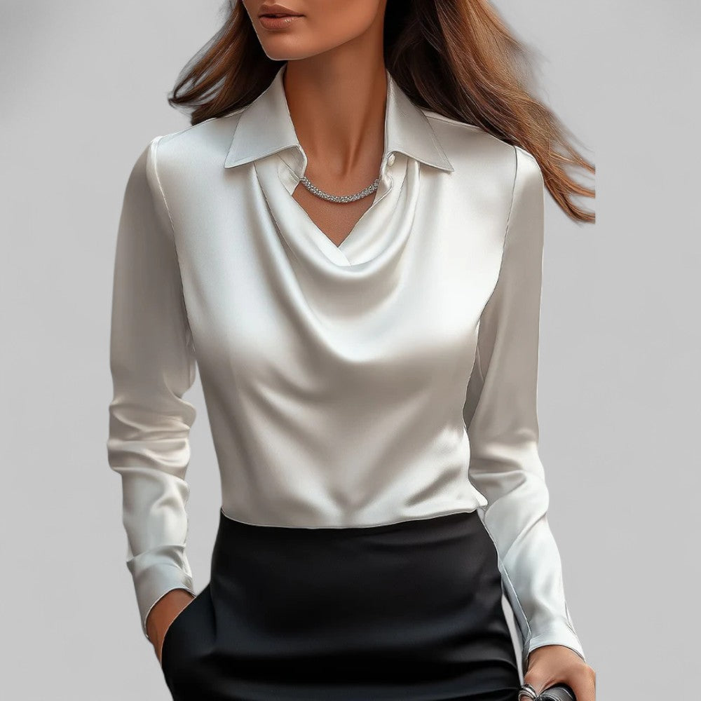Draped Cowl Neck Long Sleeve Satin Blouse 4