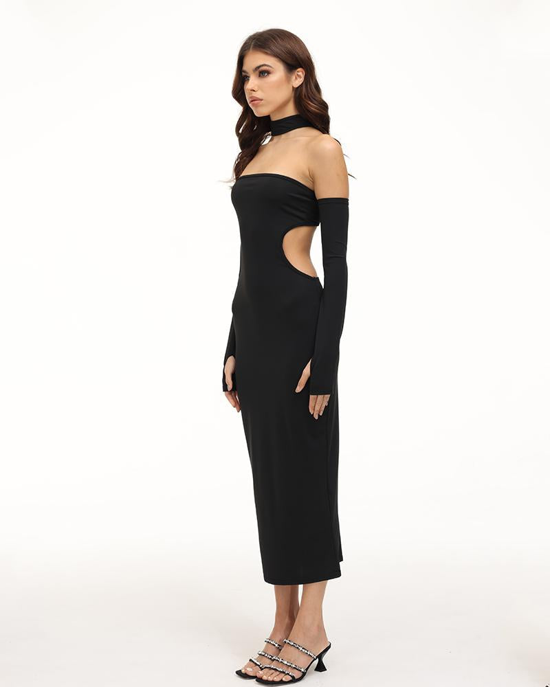 Strapless Cut Out Bodycon Midi Dress with Scarf and Gloves 4