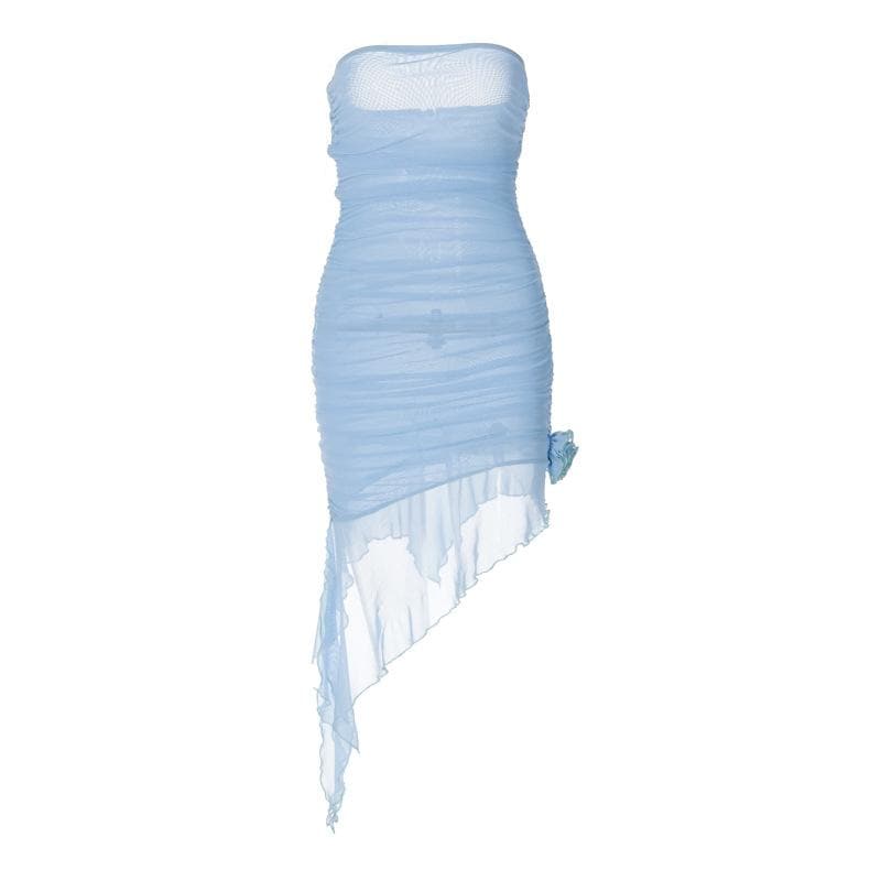 Mesh Strapless Ruched Floral Applique High Low Mini Dress - View 3
