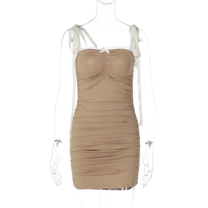Ruched lace hem self tie square neck backless mini dress - View 4