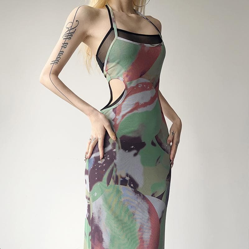 Halter self tie contrast print sheer mesh backless maxi dress - View 2