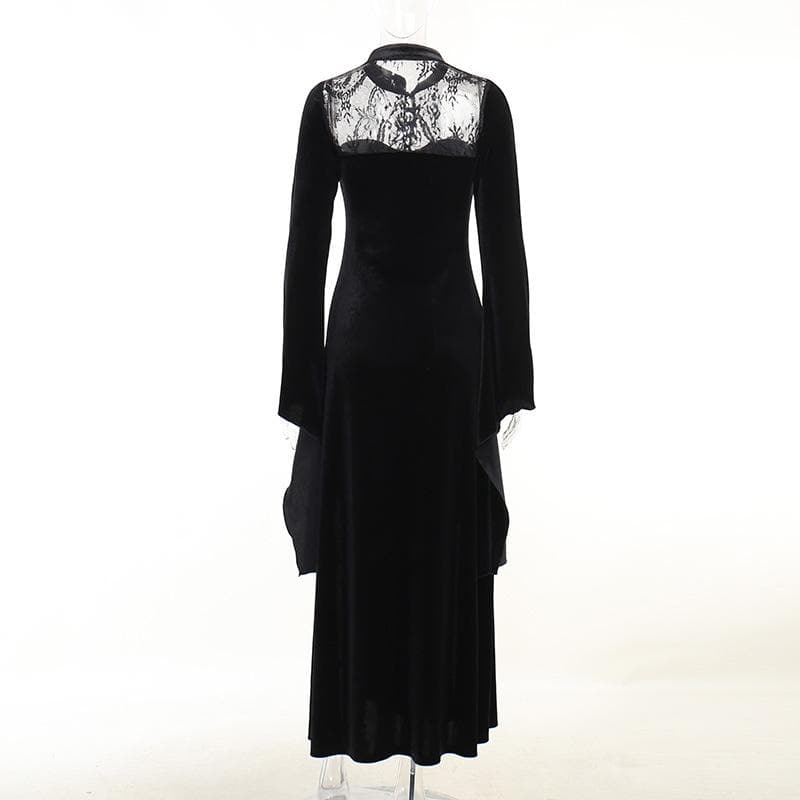 Velvet lace patchwork button solid high neck long midi dress - View 3