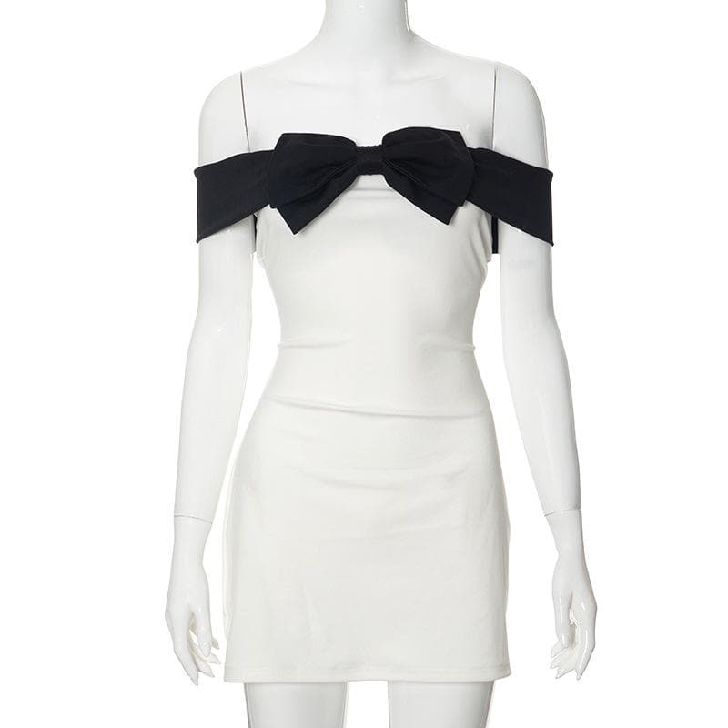 Bowknot applique contrast off shoulder backless mini dress - View 8