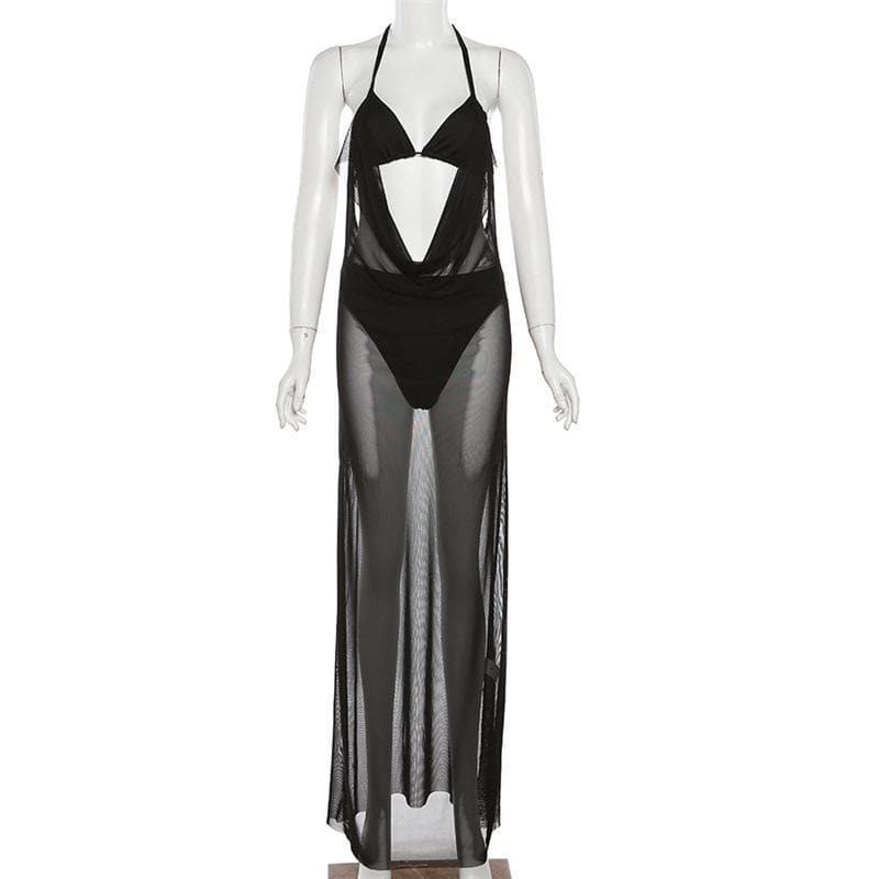 Ruched sheer mesh solid halter self tie backless 3 piece maxi dress - View 9