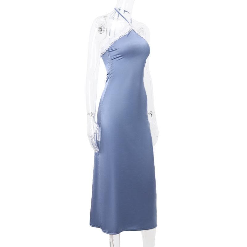 Satin Halter Neck Lace Trim High Split Slip Maxi Dress - View 7