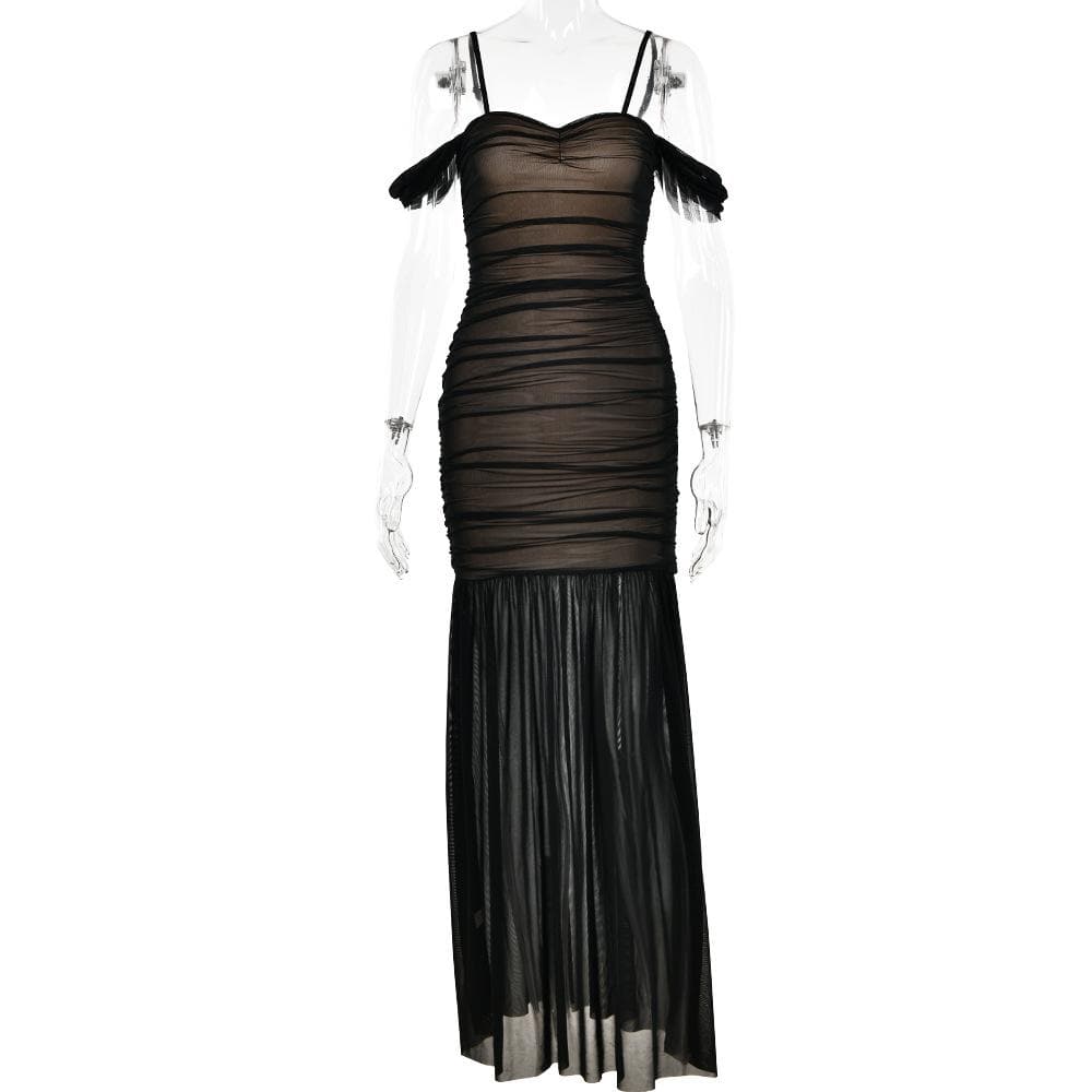 Mesh off shoulder ruched patchwork backless maxi dress - View 3