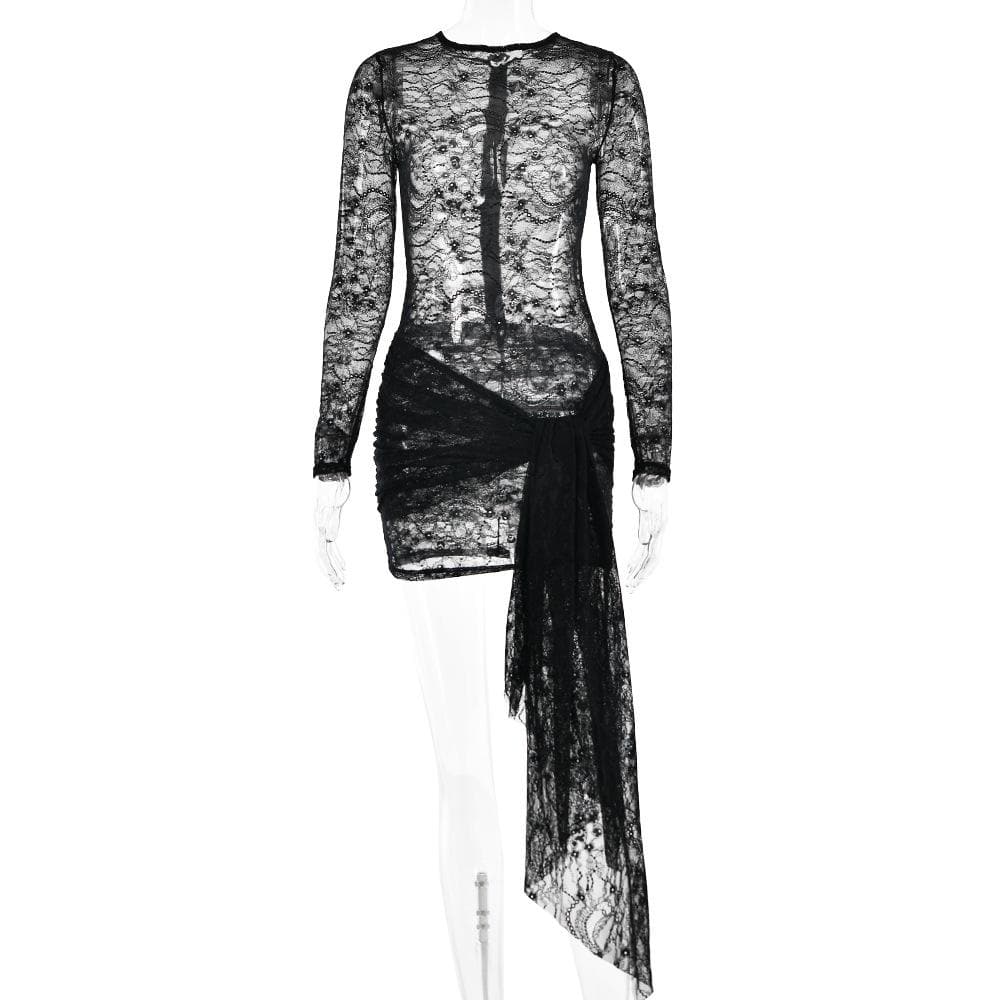 Lace see through long sleeve zip-up self tie ruched mini dress - View 3