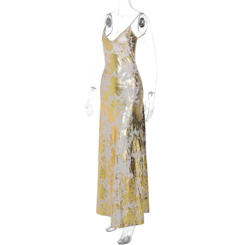 V neck backless metallic print contrast cami maxi dress - View 2
