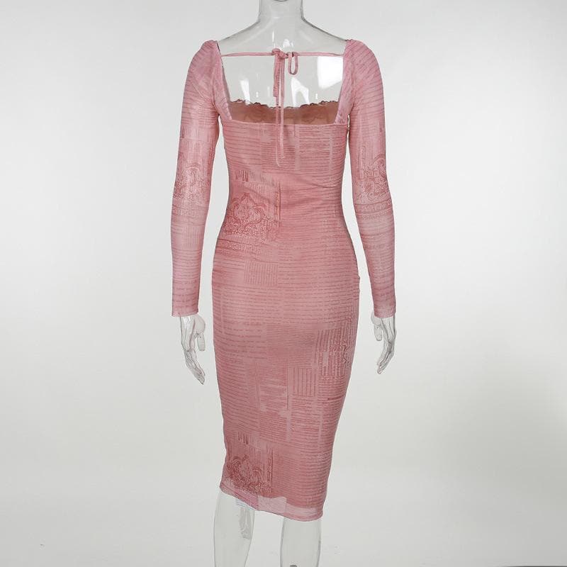Mesh contrast print lace hem self tie long sleeve midi dress - View 4