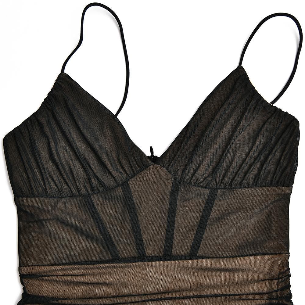 Mesh v neck ruched slit zip-up spaghetti strap maxi dress - View 7