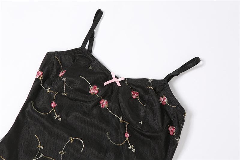 Satin Floral Embroidery Sweetheart Spaghetti Strap Mini Dress - View 5