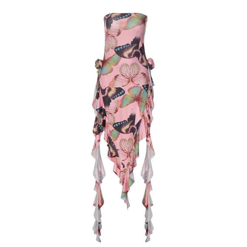 Butterfly print ruffle ribbon flower applique contrast maxi dress - View 3