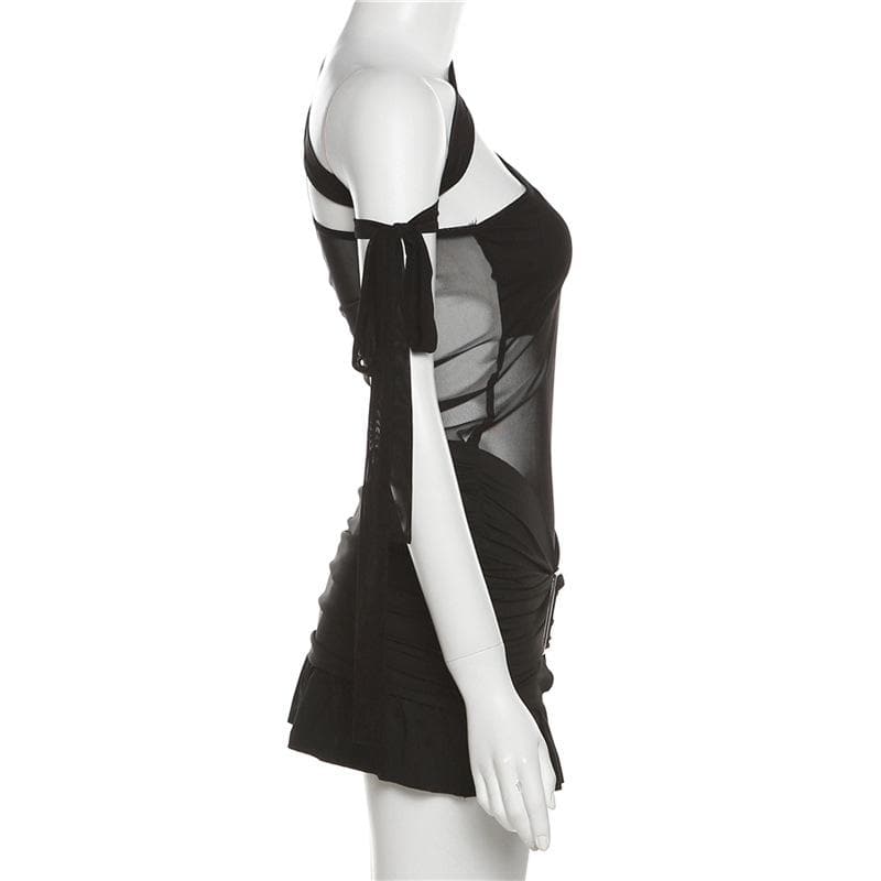 Ruffle contrast buckle one shoulder irregular ruched mesh mini dress - View 3