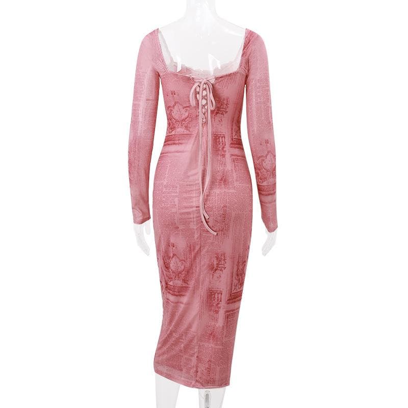 Lace up long sleeve lace hem zip-up midi dress - View 3