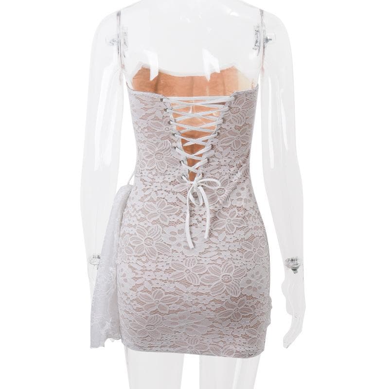 Irregular ruched backless lace up bustier tube mini dress - View 7