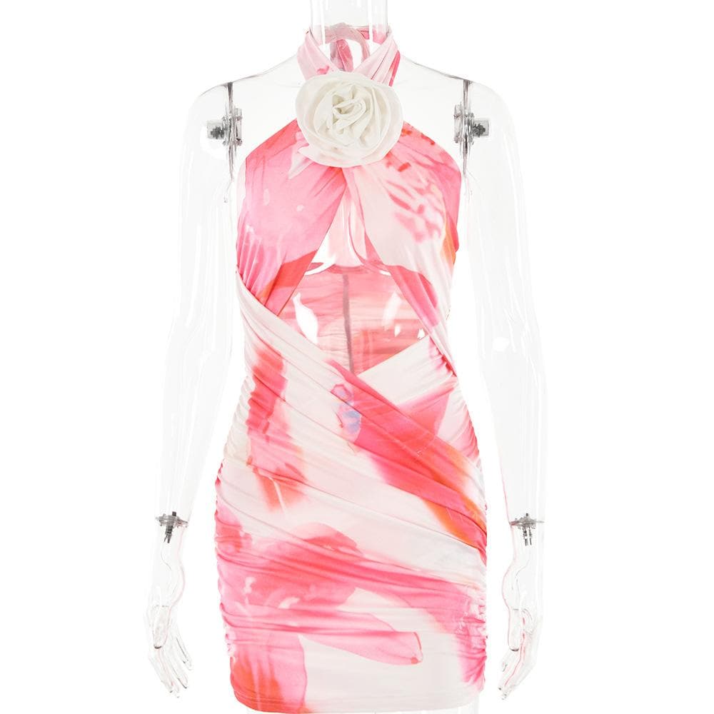 Tie Dye Halter Neck 3D Flower Cut Out Bodycon Mini Dress - View 8