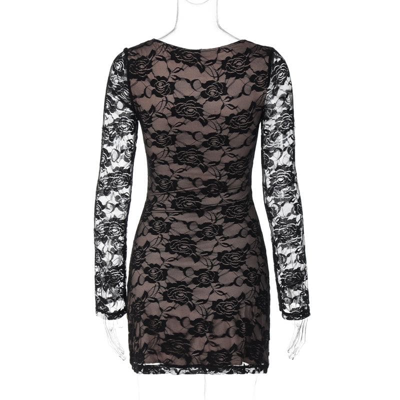 Long sleeve v neck lace contrast patchwork mini dress - View 4