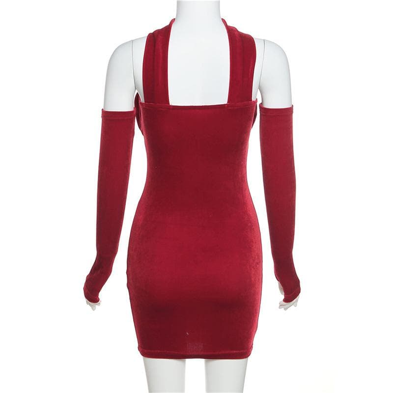 Velvet Halter Neck Glove Sleeve Ruched Bodycon Mini Dress - View 4