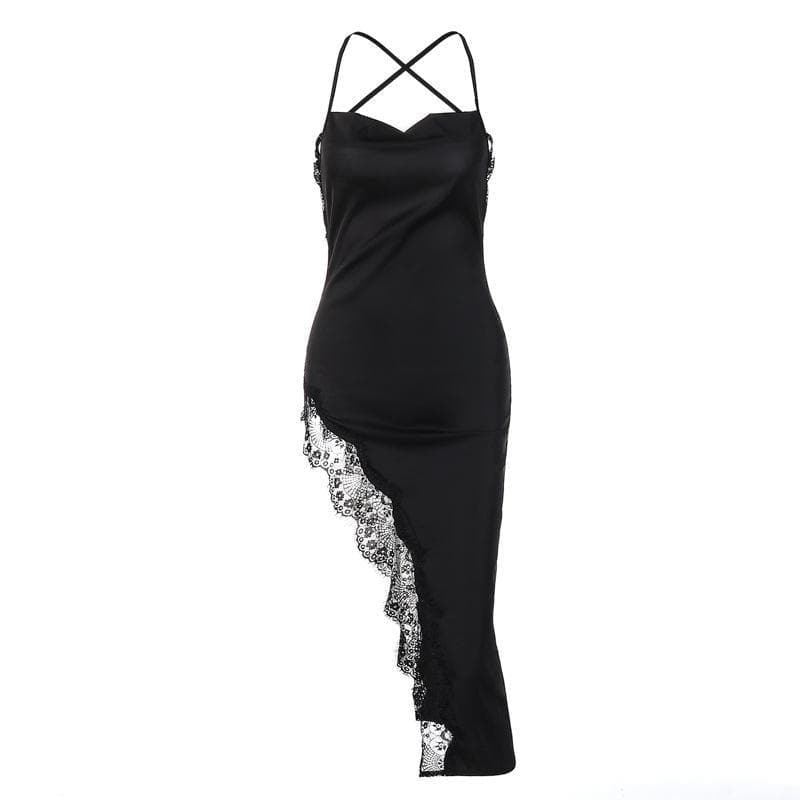Spaghetti Strap Lace Trim Satin Slip High Split Midi Dress - View 4