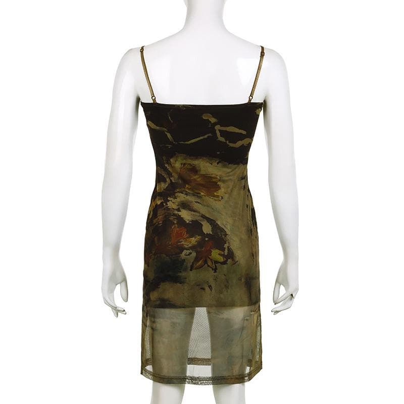 Mesh abstract print square neck contrast cami midi dress - View 4