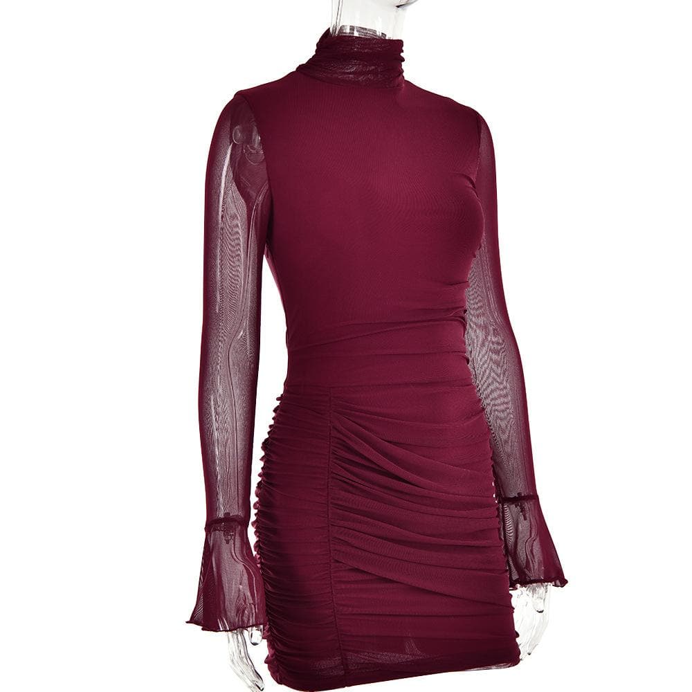 Mesh solid long sleeve turtle neck ruched zip-up mini dress - View 5
