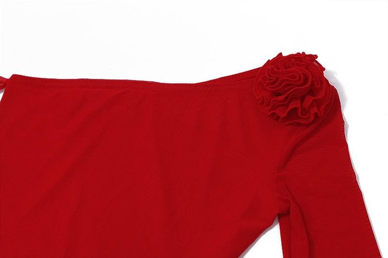 One Shoulder Flared Sleeve Mesh Flower Applique Ruffle Mini Dress - View 5