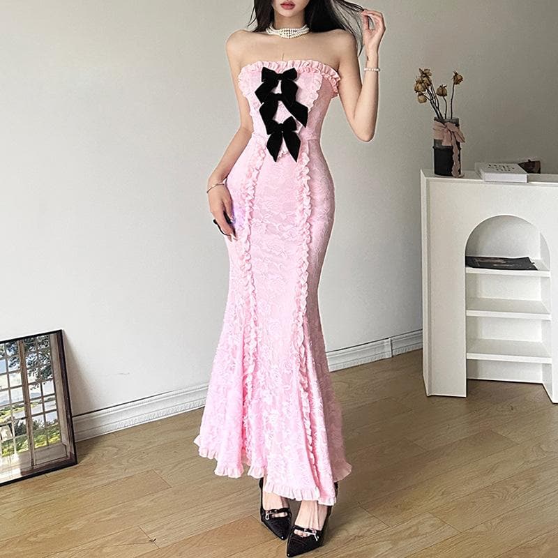 Lace contrast bowknot zip-up ruffle backless tube maxi dress - View 2