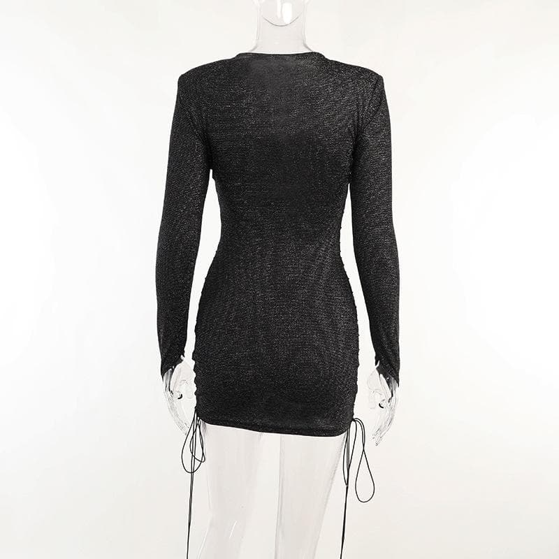 Long sleeve hollow out lace up gloves textured mini dress - Final Sale - View 3
