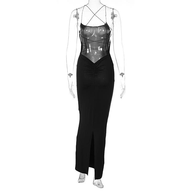 Cross back lace up square neck backless self tie slit maxi dress - View 5