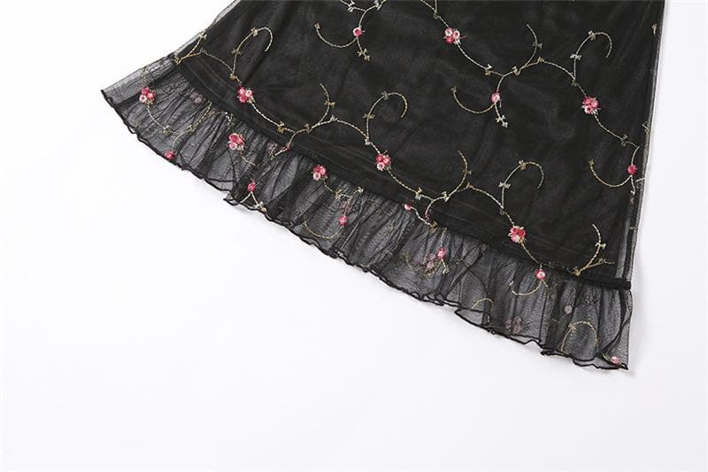 Satin Floral Embroidery Sweetheart Spaghetti Strap Mini Dress - View 7