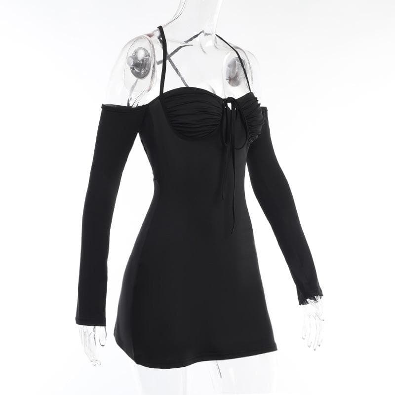 Lace up solid cross back off shoulder long sleeve mini dress - View 4