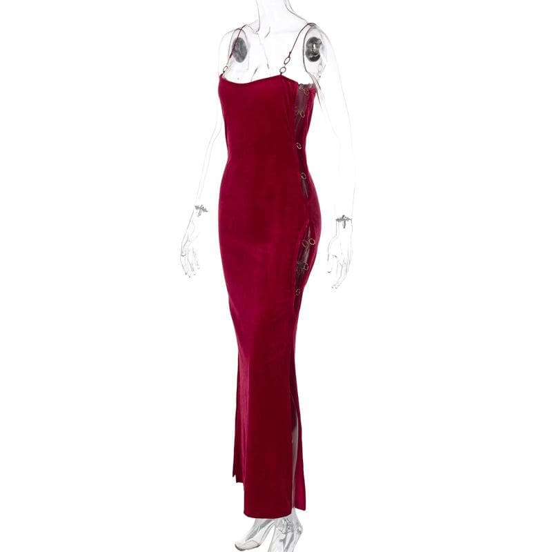 Velvet solid o ring hollow out slit backless maxi dress - View 3