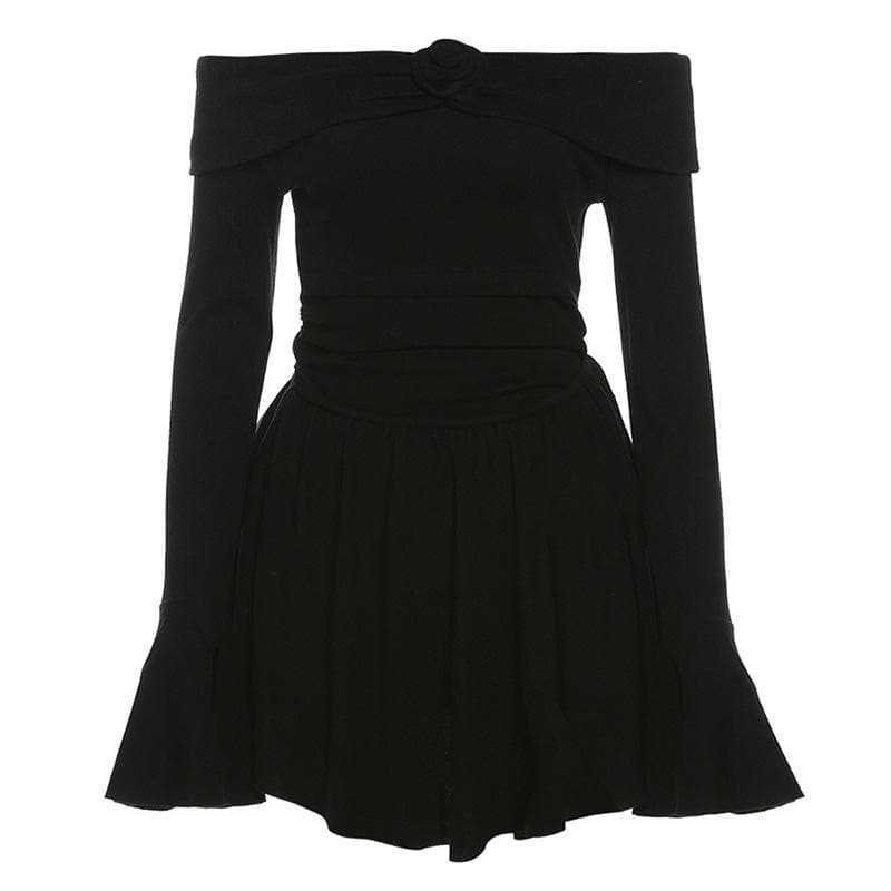 Flower Applique Off Shoulder Long Sleeve Fit and Flare Mini Dress - View 3