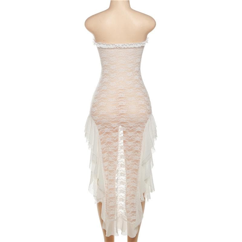 Lace see through ruffle backless slit tube midi dress - View 4