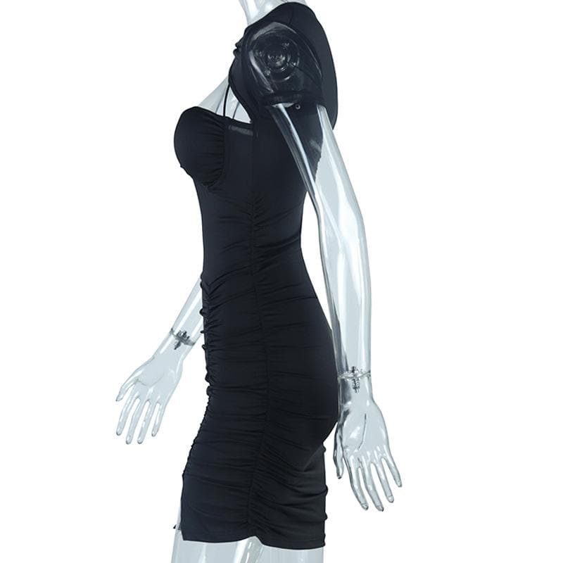 Ruched mesh solid hollow out short sleeve mini dress - View 3