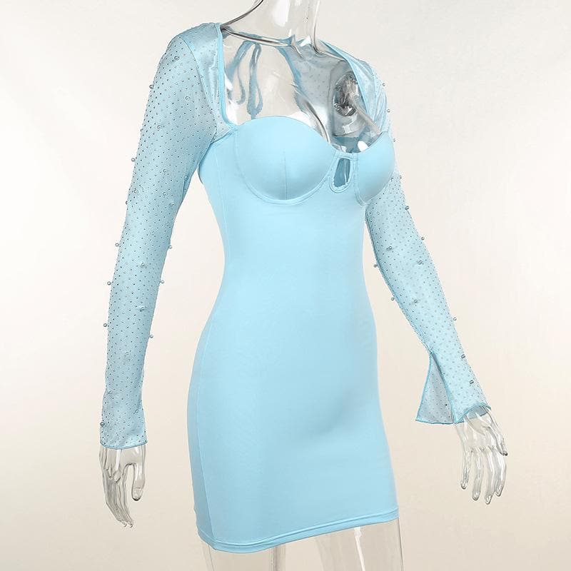 Long sleeve solid hollow out slit ruched beaded self mini dress - View 5